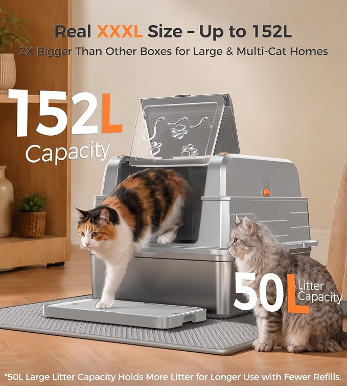 CATLIKE 2026 Upgrade 152L XXXL Stainless Steel Cat Litter Box - 3-Layer Urine Leak-Proof, Enclosed Design w/Charcoal Filter for Maine Coon & Multi-Cat Homes, Includes Metal Scoop & Mat