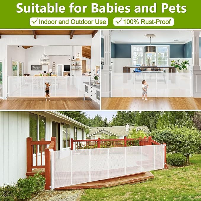 Reinforced 42" Tall Dog Gate 195" Extra Wide Retractable Baby Gate, White | Indoor Tall Pet Gate, Outdoor Retractable Gate, Space-Saving, Easy to Use, Safety Lock, Scratch-Resistant Mesh, Easy Install