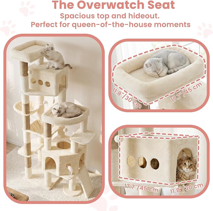 Cat Tree, 78.7" Tall Heavy Duty Cat Tower for Indoor Cat VCT033MJ | Cat Furniture with Sturdy Structure, Spacious Condo, Cozy Top Perch & Scratching Posts, Hammock, Beige