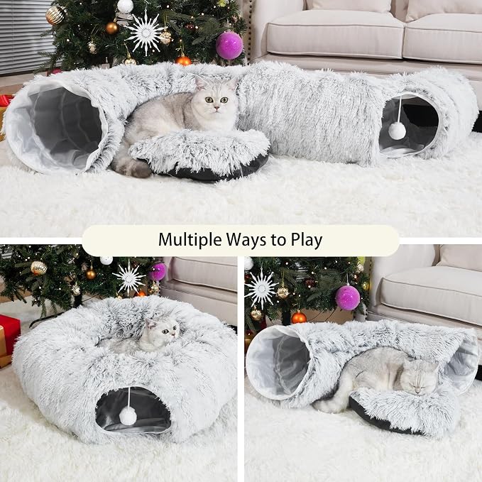 Cat Tunnel Bed for Indoor Cats, Under Christmas Tree Skirt, Donut Tunnel Toys for Multiple & Large Cats, Bed Cave Hideaway for Kitten, Rabbit, Puppy, Gray