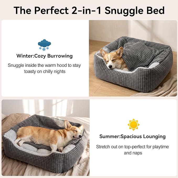 GASUR Dog Beds for Large Medium Small Dogs, Rectangle Cave Hooded Blanket Puppy Bed, Luxury Anti-Anxiety Orthopedic Cat Beds for Indoor Cats, Warmth and Machine Washable (35 inches, Grey)