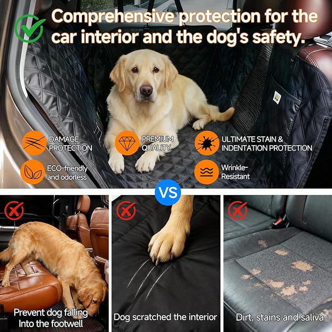 PETTALK Deluxe 2 Sided Dog Car Cover for Back Seat,Waterproof Protector | 2 Sided for Double Comfort 4 Seasons,Durable Heavy Duty,Anti Scratch,Non-Slip,Odorless,Cars SUVs Truck,Dog Seat Belt Included
