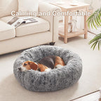 33 in Faux Fur Fluffy Donut Dog Bed for Medium Plus Dogs,Dark Grey | Calming Plush Round Pet Bed with Removable & Washable Cover,Fits up to 65 lbs Pets