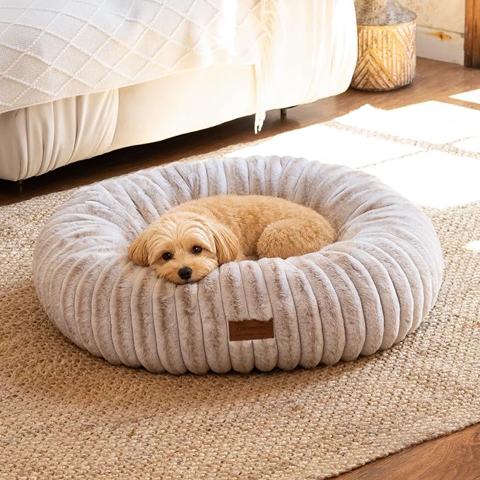 FUKUMARU Small Dog Bed, 25" Orthopedic Dog Bed for Puppies, Donut Cat Beds | Gradient Color Calming Donut Dog Beds for Small Dogs, Round Pet Bed with Washable Cover, Cute Cat Bed for Indoor Cats, Camel