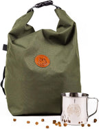 Wilderdog Doggie Bag - Water Resistant, Portable Kibble Carrier & Stainless Steel Mug - Olive
