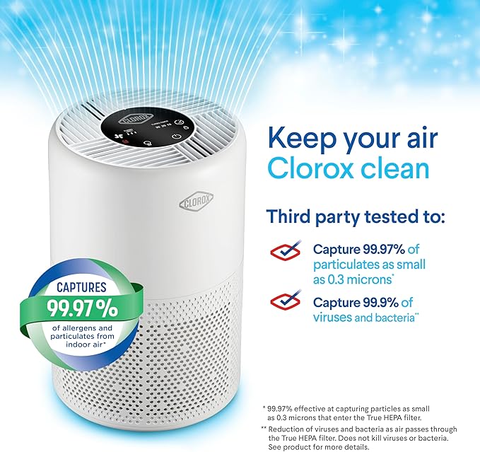 Clorox Small Room Turbo Air Purifiers for Home With True HEPA Filter | 613 Sq Ft | Reduces 99.9% of Mold, Viruses, Wildfire Smoke, Allergens, Pet Allergies, Dust | Whisper Quiet