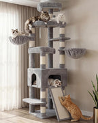 Heybly Cat Tree, 82.7″ Extra Tall Cat Tower for Large Cats Adult HCT063W | Giant Cat Condo with Multi-Level Platforms, 2 Baskets, Spacious Cat Cave, Wide Sisal Scratching Board, Light Gray