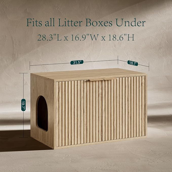 Evermagin 31.5" Cat Litter Box Enclosure Furniture | Oak Hidden Litter Box Cabinet, Modern Indoor Cat House, Fluted Kitty End Table for Living Room, Bedroom, Entryway