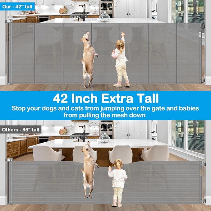 Reinforced 42" Extra Tall X 100" Extra Long Baby Gate for Large Openings with Reinforced Bars Retractable Pet Gate for Dogs Extra Wide Retractable Baby Gate No Sagging Extra Tall Retractable Dog Gate