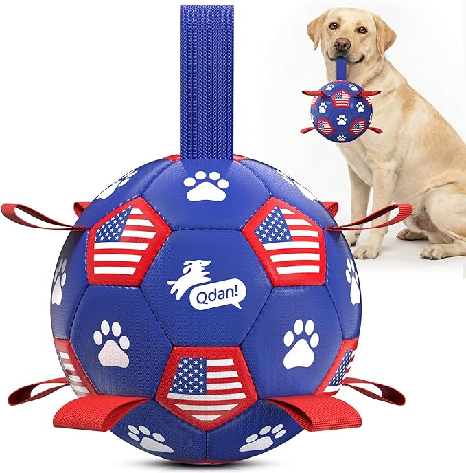 QDAN Dog Toys Soccer Ball with Straps, 8 Inch Dog Balls for Large Dogs | Outdoor Herding Balls for Dogs, Beach Pool Dog Water Toy, Interactive Puppy Soccer Toy with Tabs, Puppy Dog Birthday Gifts