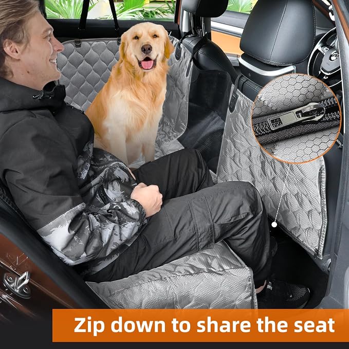 PETICON Dog Car Seat Cover for Back Seat, Waterproof Dog Hammock for Pets | Zippered Design Allows Passenger Seat Access, Mesh Window for Pet View, 600D Oxford, Prevents Scratches, Hair, Mud, and Dirt
