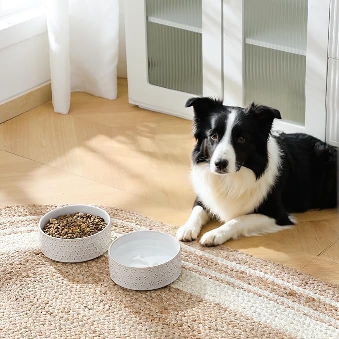 MALACASA Ceramic Dog Food Bowl, Water Dish for Medium Breeds, 3.5 Cups | Five-Leaf Grass Pattern, ceramic pet bowl, food and water dish, dishwasher and microwave safe, for medium dogs
