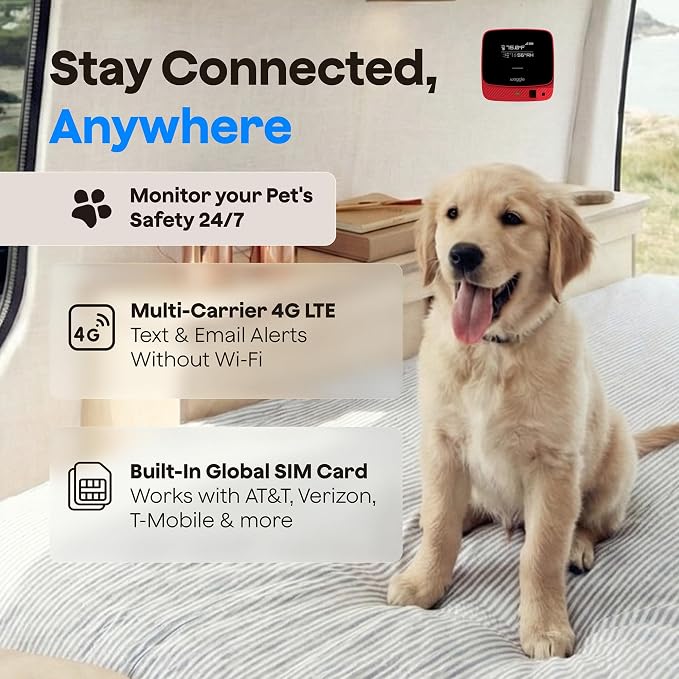 Waggle RV Pet Temperature Monitor with RVSentry Geofence Alert, 4G Cellular, No WiFi Required, Real-Time App Monitoring, Power Outage Alerts via SMS & Email, Subscription Required