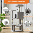 DUMOS Small 44 Inch Cat Tree Tower for Indoor, Light Grey | Cat Climbing Tower with Natural Sisal Scratching Posts, Hammock, Pet Condo for Cats and Kittens Play
