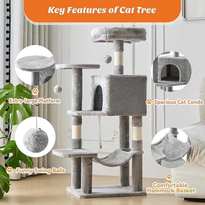 DUMOS Small 44 Inch Cat Tree Tower for Indoor, Light Grey | Cat Climbing Tower with Natural Sisal Scratching Posts, Hammock, Pet Condo for Cats and Kittens Play