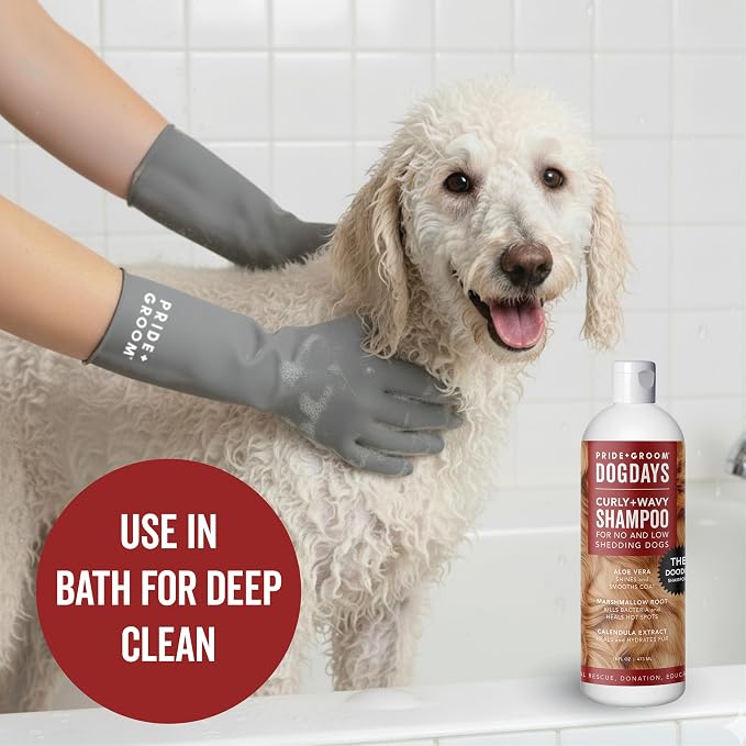 Pride and Groom DogDays Curly + Wavy The Scrub Kit - Natural Dog Shampoo with Silicone Scrubber Gloves for Low or No-Shedding Breeds with Coat Massage, Clean Ingredients, and Gentle Pet Grooming Care