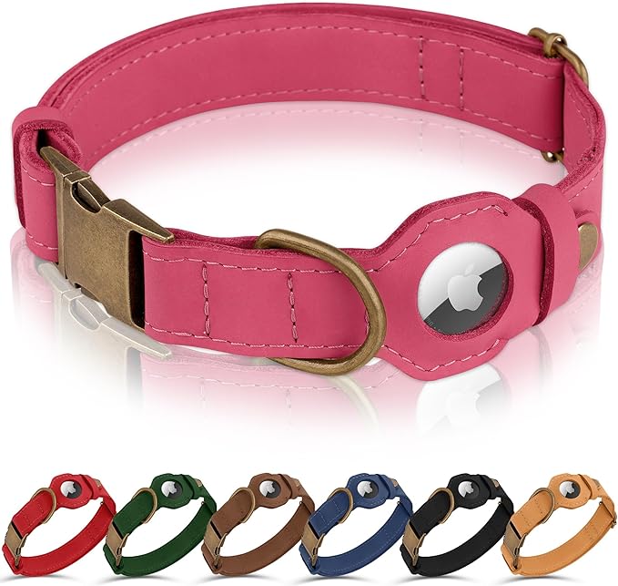 AirTag Dog Collar - Genuine Leather Dog Collar with Apple AirTag Holder and Metal Buckle - Smart GPS Tracking Pet Collars (Pink, S, 12"-15" Neck Fit)