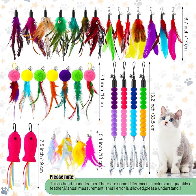 50 Pcs Cat Feather Toys Refill Cat Wand Replacement Feathers with Bells Interactive Pet Wand Attachment Toys