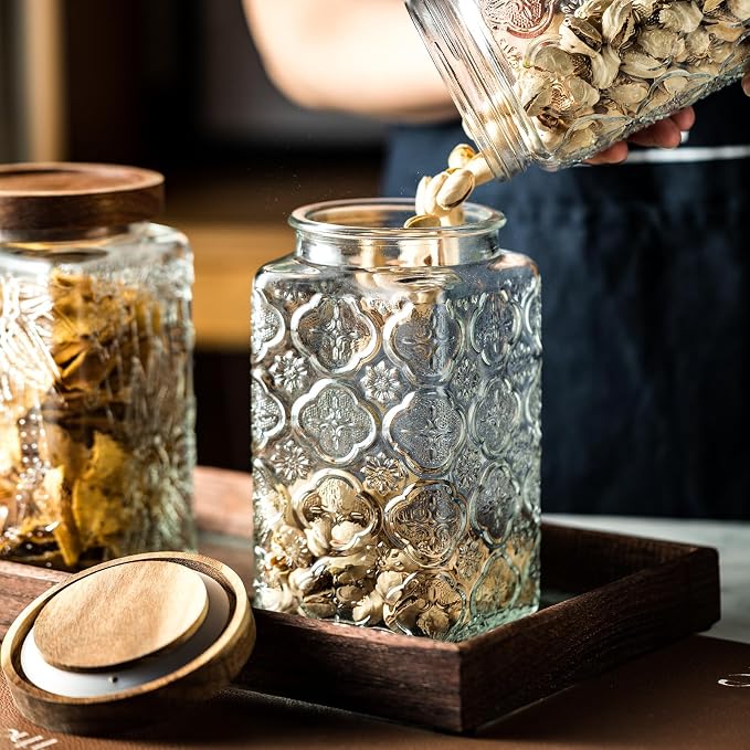 Vintage glass sealed storage jar with sealed wooden lid, Kitchen Storage glass food storage container for, coffee beans, oats, flour, cereal, food storage jar (Sunflower)