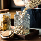 Vintage glass sealed storage jar with sealed wooden lid, Kitchen Storage glass food storage container for, coffee beans, oats, flour, cereal, food storage jar (Sunflower)