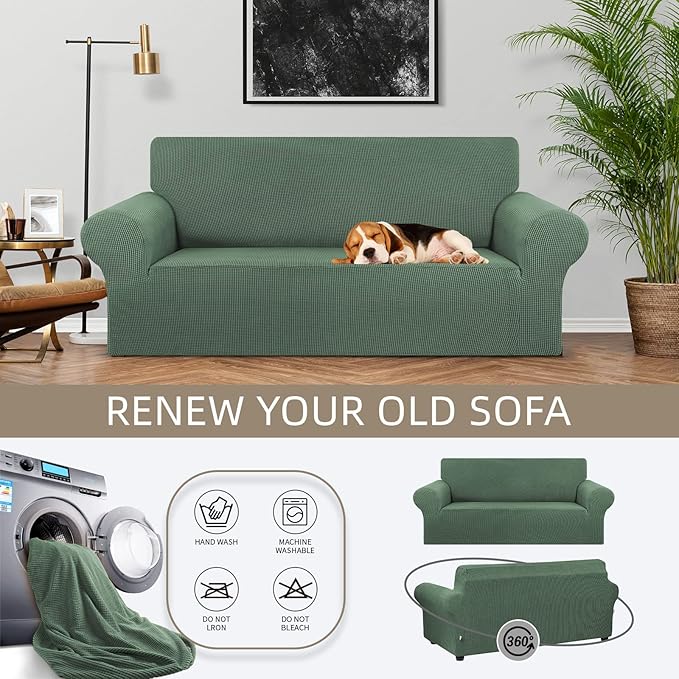 Loveseat Couch Cover, 2 Cushion Couch Slipcover,Greyish Green | 1-Piece Stretch Sofa Cover Pet Friendly (55"-78") Furniture Protector Soft Jacquard, Elastic Bottom for Dogs & Kids