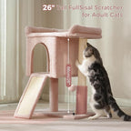 Cute Cat Tree 28” Pink Cat Tower with Top Large Bed 20x13” | Compact Cat Trees with Sisal Sratchign Post, Ramp, Self-Groomer, Cat Condo & Toy Ball Fit Small Space for Indoor Adult Cats
