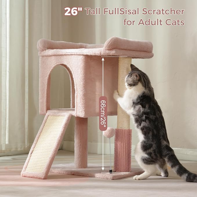 Cute Cat Tree 28” Pink Cat Tower with Top Large Bed 20x13” | Compact Cat Trees with Sisal Sratchign Post, Ramp, Self-Groomer, Cat Condo & Toy Ball Fit Small Space for Indoor Adult Cats