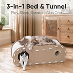 FUKUMARU Cat Bed Cave Tunnel, 31.5 Inch, Cat House Condo Indoor, Beige | Extra Long Design, For Multiple & Large Cats, Felt Material, Fluffy Ball Included, Scratch Resistant