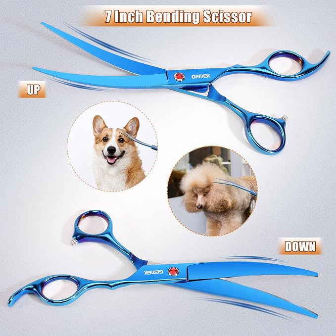 7.0in Titanium Professional Pet Grooming Scissors Set, GEMEK 6 in 1 Straight & Thinning & Upwards Curved & Downwards Curved Scissors & Comb for Dogs, Cats (Blue)
