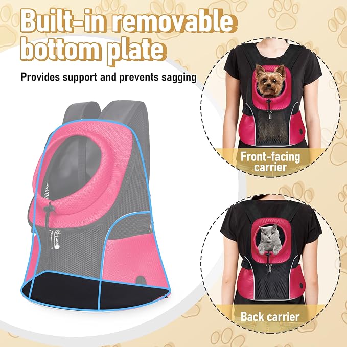 WOYYHO Pet Dog Carrier Backpack, Ventilated Mesh Small Dog Front Backpack | Breathable Puppy Back Pack, with Safety Belt, Storage Pockets, for Travel Hiking Cycling Outdoor Adventures, Rethink Pink, L