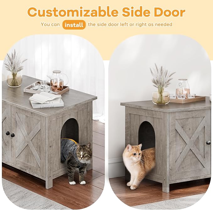 Shintenchi Cat Litter Box Enclosure, Litter Box Furniture Cabinet Hidden with Removable Divider, Wooden Cat House with End Table, Grey, 31.5 inch