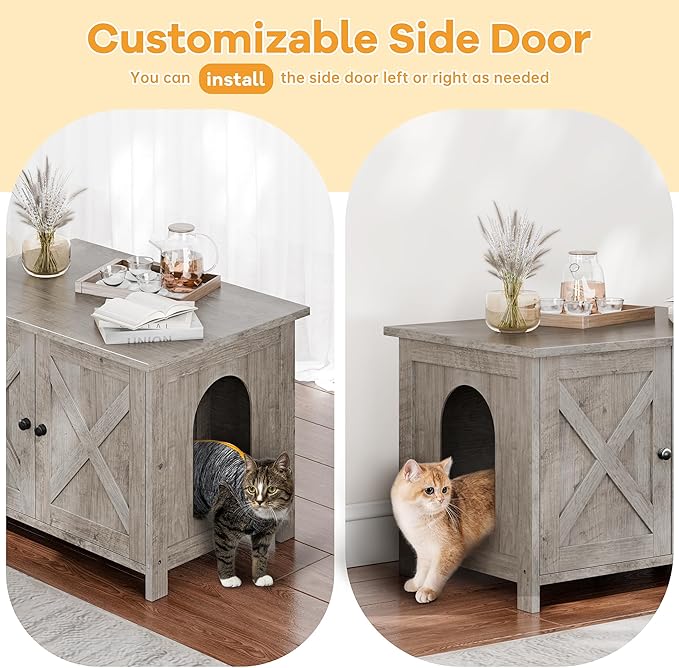 Shintenchi Cat Litter Box Enclosure, Litter Box Furniture Cabinet Hidden with Removable Divider, Wooden Cat House with End Table, Ash Oak Grey, 30.5 inch