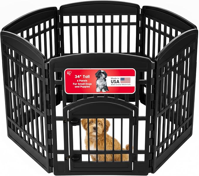 IRIS USA 6-Panel Dog Playpen, Pet Enclosure, Black | Pet Containment, Custom Pen Configuration, Flexible Boundary, Multi-Shape Setup, Tool-Free Assembly, Secure Door Latch