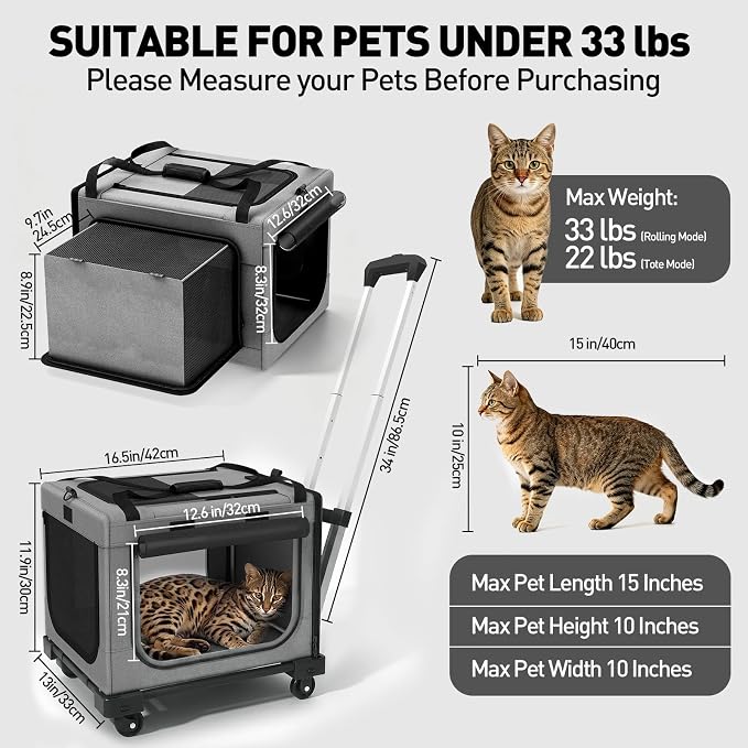 17in Wheeled Expandable Cat Carrier for Cats Small Dogs, Gray | elescopic rod, expandable side room, foldable breathable mesh, portable carrier for indoor & outdoor pet travel