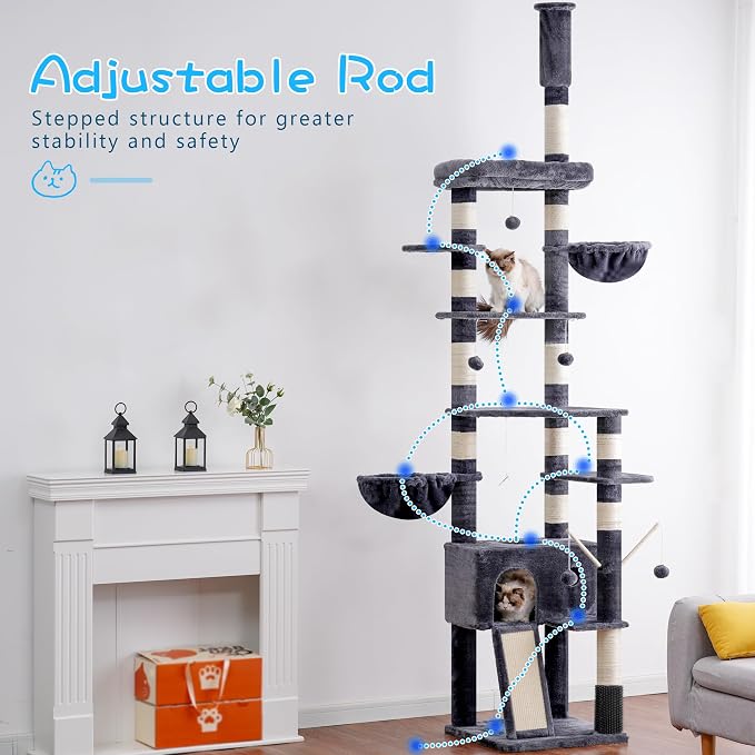 Hey-brother Cat Tree Tower, Adjustable Height, Floor to Ceiling, MPJ091G | 94.5-106.3 Inches Multi-Level Cat House, Scratching Posts, Plush Condo, Platform, Toy Ball for Indoor Big Cats, Smoky Gray
