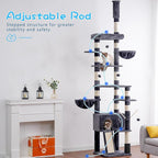 Hey-brother Cat Tree Tower, Adjustable Height, Floor to Ceiling, MPJ091G | 94.5-106.3 Inches Multi-Level Cat House, Scratching Posts, Plush Condo, Platform, Toy Ball for Indoor Big Cats, Smoky Gray