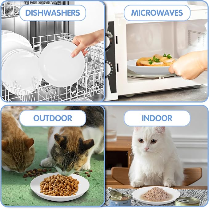 6 Pack Cat Food Bowl, Ceramic Cat Bowls, Anti Whisker Fatigue Cats Bowl Set | 5.5 Inches Shallow Wide Kitten Plates for Food and Water (White-C)