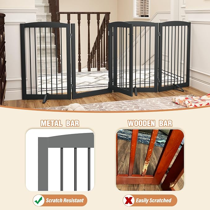 PUPETPO Freestanding Dog Gates with Door Walk Through, Pet Gate for Stairs, 80 inch Wide Gates Indoor, Dog Fences Indoor, Support Feet Included, 4 Panels, 32" Tall, Grey