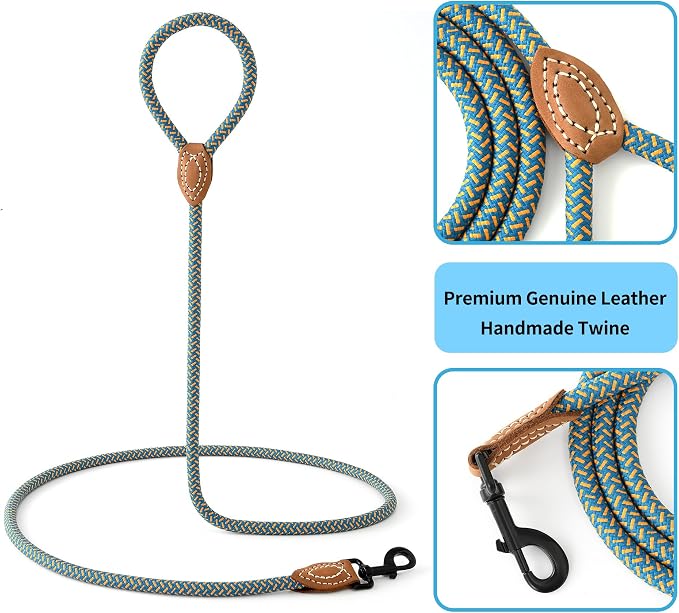 Mile High Life Dog Leash with Genuine Leather Connection, 6 FT/5 FT/4 FT | Rope Leash, Heavy Duty 360° Swivel Metal Clasp, for Small Medium & Large Dogs (Peacock Blue, 48 Inch)