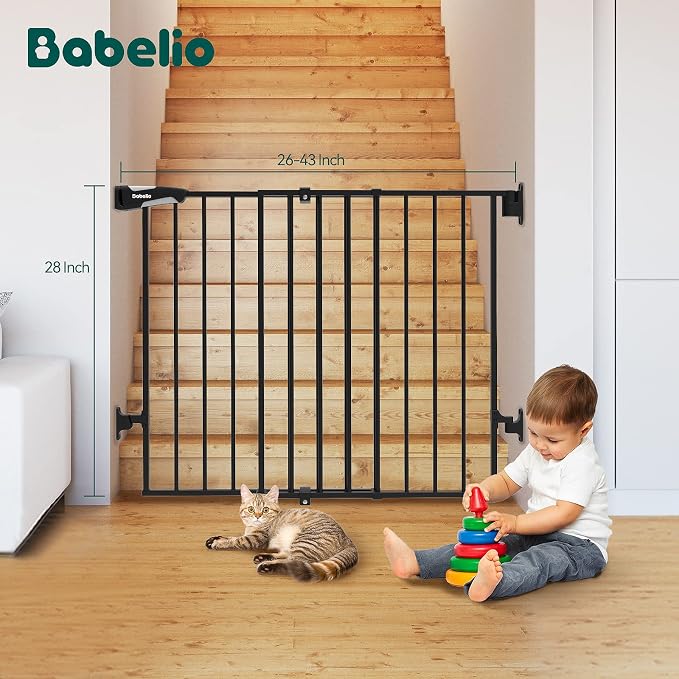 Babelio No Bottom Bar Baby Gate, 28" H x 26-43" W, Black | Easy Install| One-handed Opening| Auto-close| Drill Needed Indoor Safety Dog/Pet Gate for Stairs, Hallways & Doorways