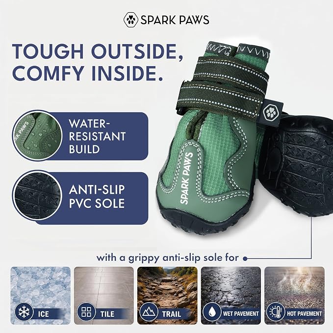 Spark Paws 365 Dog Shoes - All-Season Boots for Winter Snow & Hot Pavement | Water-resistant, anti-slip, stay-on straps - rain, ice & summer booties in one. Reflective; small, medium & large dogs
