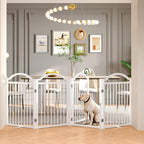 BHG Metal No-Assembly Freestanding Dog Gate with Door Walk Through, Extra Wide 96", Extra Tall 32" Pet Gate, Accordion Puppy Folding Playpen Dog Fence for Indoor & Outdoor, with 2PCS Support