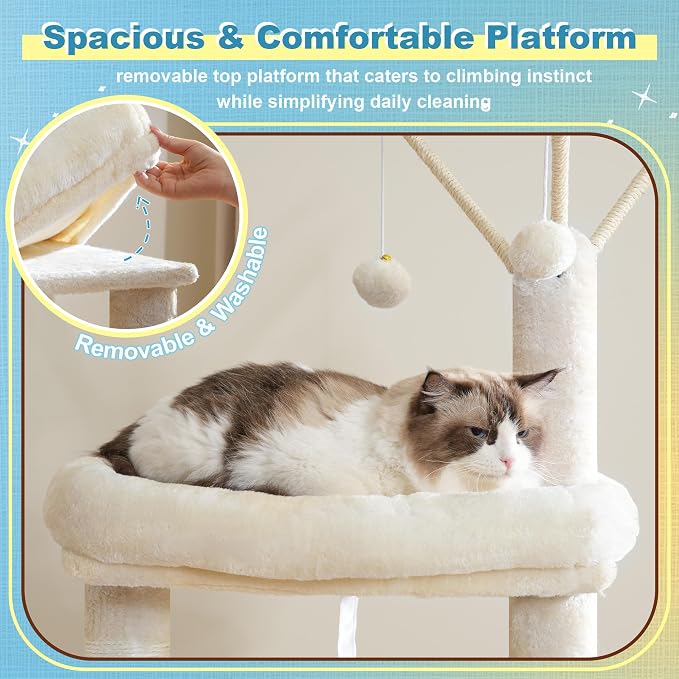 Hey-brother Cat Tree Tower with 3 Condos, Step Climbing Pathway MPJ081M | 74.8 Inches Scratching Post with 3 House, Hammock, Large Basket, Cozy Bed, Sisal Board, Toys for Big Indoor Cats, Beige