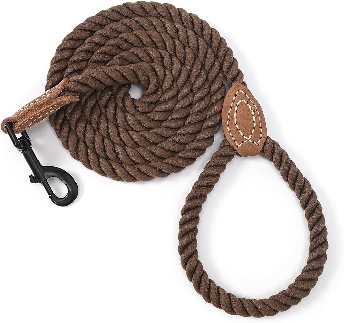 Mile High Life Dog Leash Braided Cotton Rope with Leather-Reinforced Ends | Rust-proof 360° swivel clasp, Heavy-duty for small/medium dogs. Great for weddings, daily walks (5 FT, 1/3", Dark Brown)