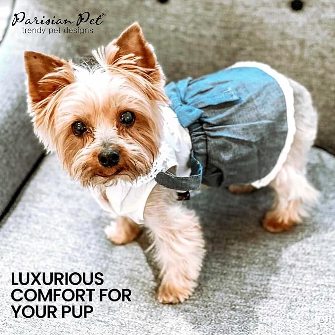 Parisian Pet Chambray Overall Dog Dress - Summer Clothes for Medium Dogs Girl - Blue Denim Pet Dress - Designer Dog Overalls - Lightweight and Breathable Puppy Clothes - Dresses for Dogs