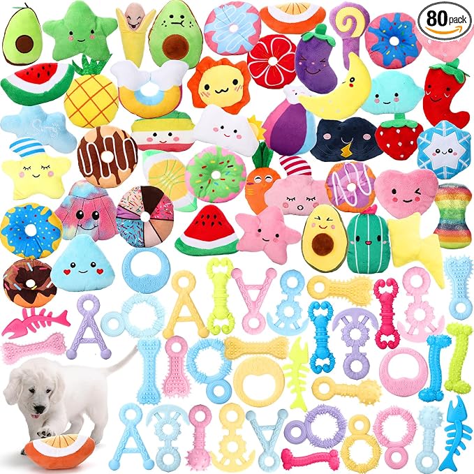 Hungdao 80 Pcs Dog Squeaky Toys Bulk for Small Dog Cute Plush Stuffed Puppy Chew Teething Toys Pet Bundle Easter Gift for Chewing Cleaning & Interactive Play(Vivid Style)