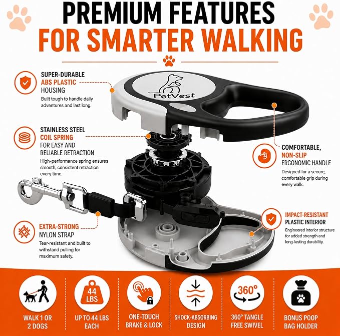 Dual Retractable Dog Leash,10 FT Tangle-Free Leash for 2 Dogs, Detachable for Single Use,One-Button Brake & Lock, Up to 44 lbs Each, 360° Swivel, Non-Slip Handle + Poop Bag Holder (Grey)