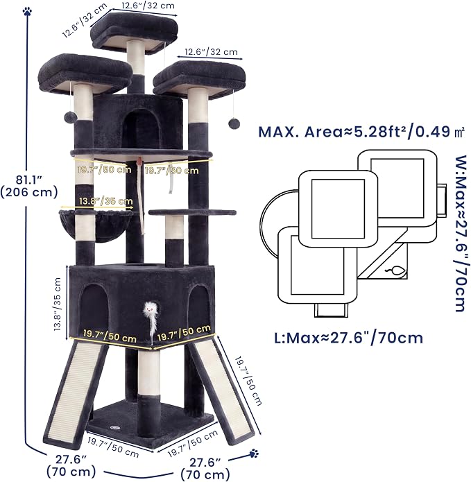 Cat Tree, 81.1" Tall Heavy Duty Cat Tower for Large Cats VCT032G | Cat Furniture with 3 Wide Platforms, Diamond-Shaped Condo 2 Sisal Scratchers, Hammock & Stable Base, Smoky Gray