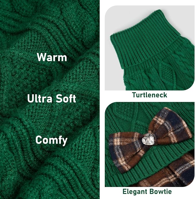 KYEESE Dog Sweater Dress Turtleneck Thick Knit Pullover for Cold Weather | Stretchy Fit, Lightweight & Warm, Cozy Knit Comfort, Cute Bow Accent, Gentle on Sensitive Skin, Comfortable Daily Wear