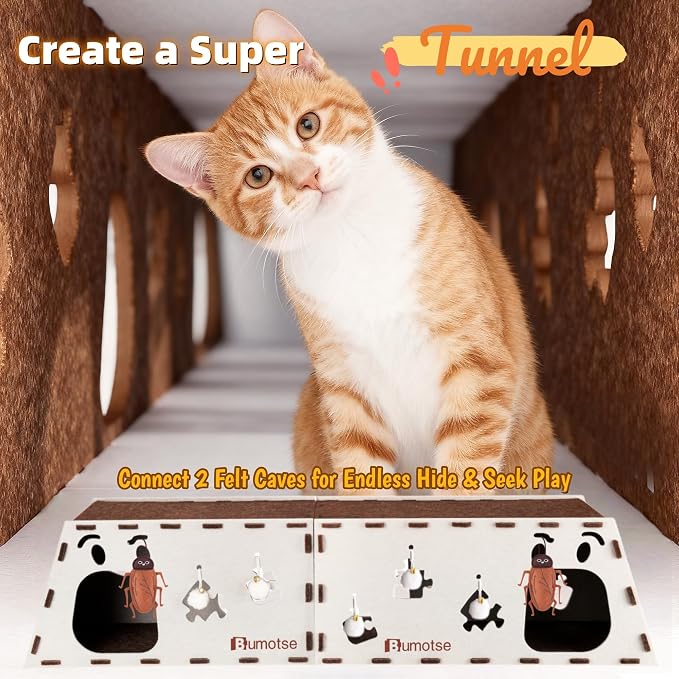 Cat Tunnel House for Indoor Cats, 3-in-1 Felt Cave and Scratcher | Fits 12–22 lb pets, reinforced top supports lounging, joins two units into a 47-inch play zone, includes two catnip bell toys